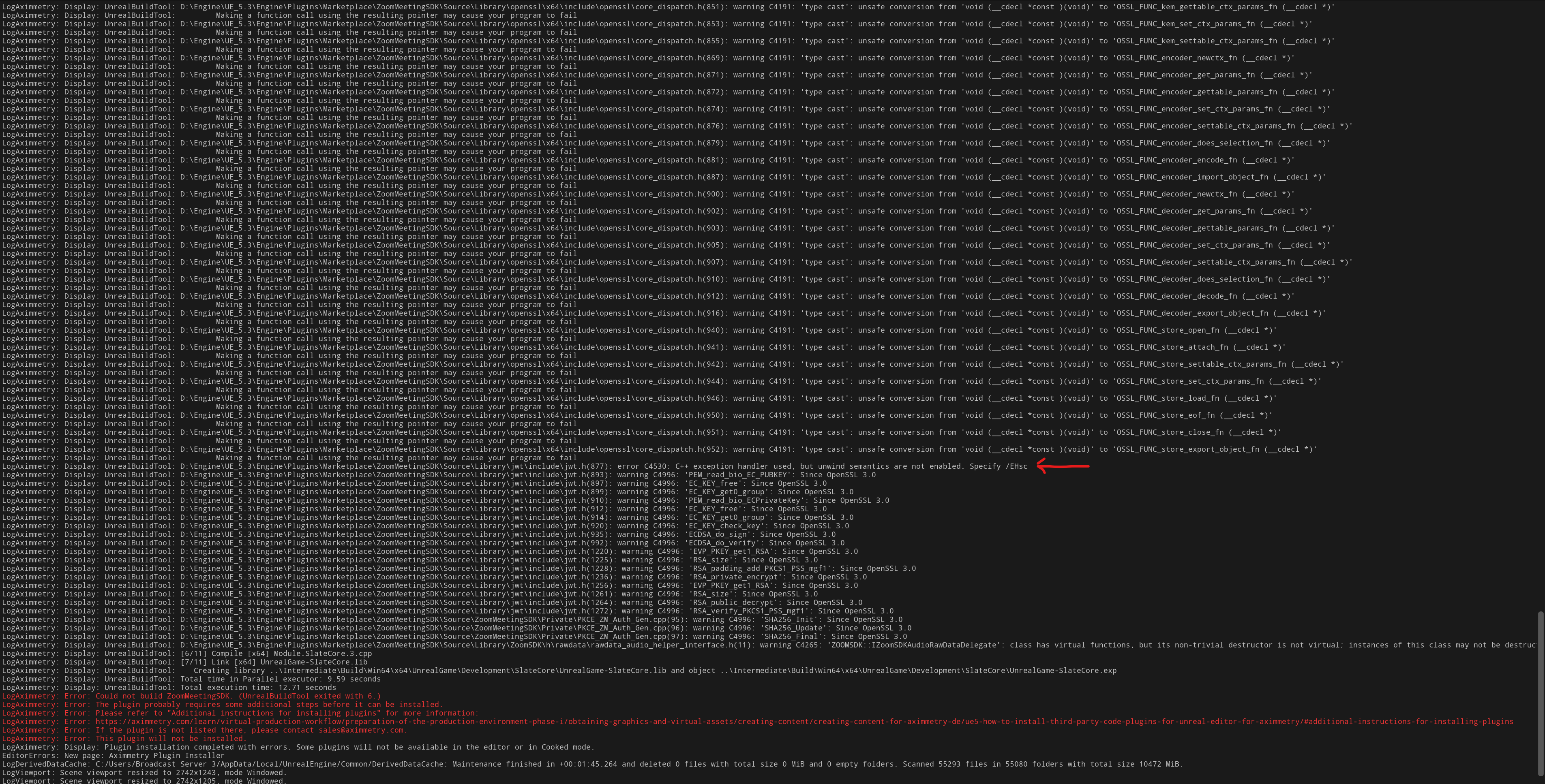 Installing Zoom SDK Plugin for Unreal Engine in Aximmetry (EHsc error)