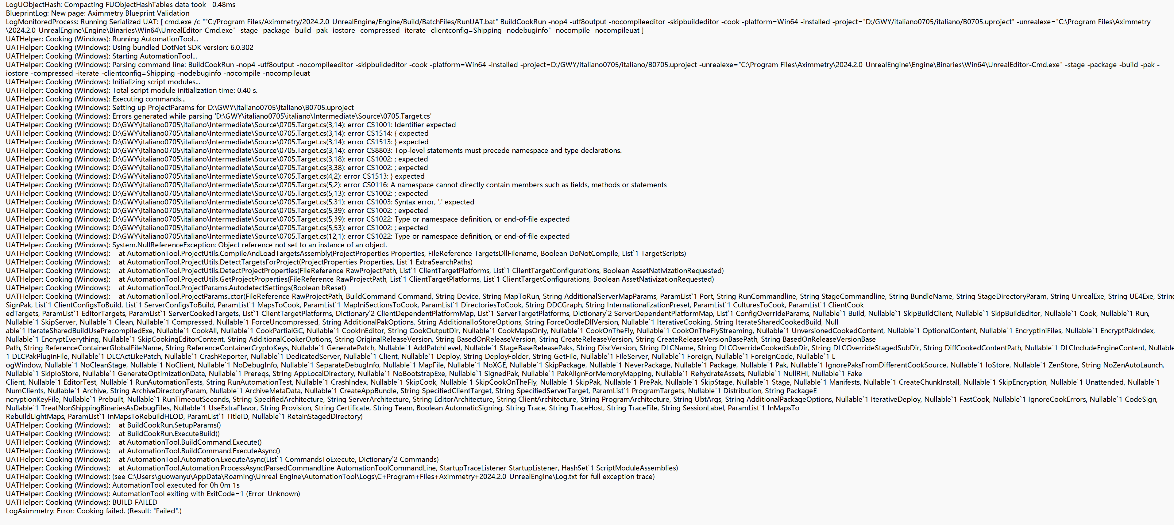Unreal Editor - Aximmetry 2024.2.0  Cooking failed