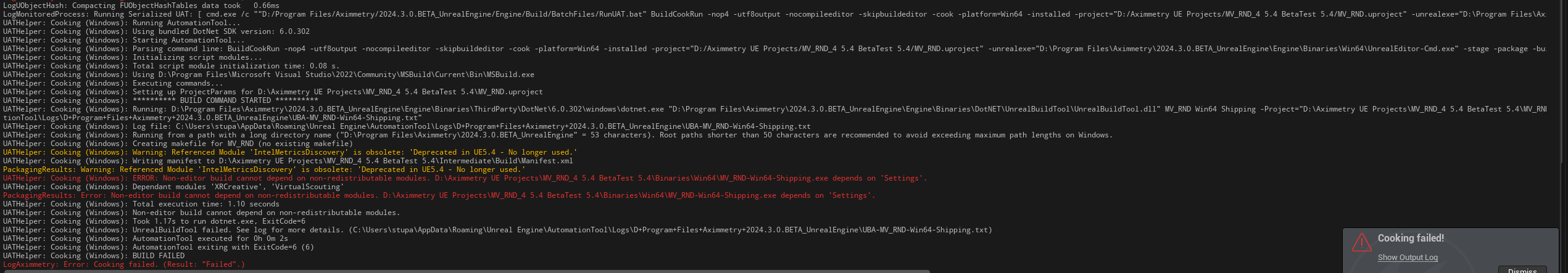 Unreal Editor - Aximmetry 2024.3.0 BETA :  error in cooking